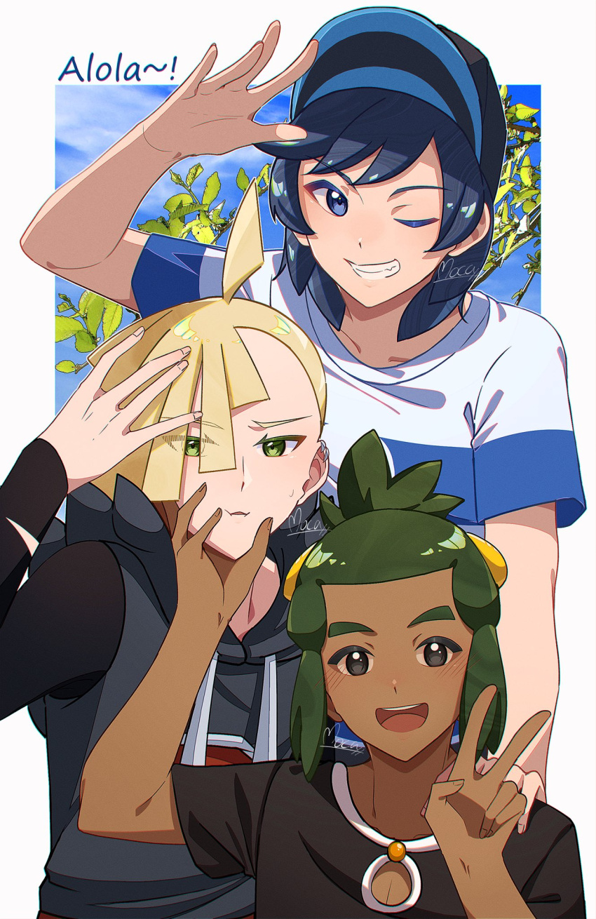 3boys :d ahoge black_hair black_headwear blonde_hair commentary_request dark-skinned_male dark_skin ear_piercing elio_(pokemon) gladion_(pokemon) green_eyes green_hair grey_vest grin hat hau_(pokemon) highres male_focus mocacoffee_1001 multiple_boys one_eye_closed open_mouth piercing pokemon pokemon_sm shirt short_sleeves smile tassel teeth v vest