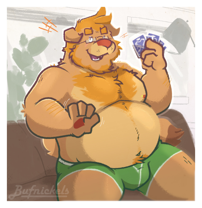 anthro body_hair briefs buffalonickels canid canine canis chest_hair clothing domestic_dog eyewear glasses green_clothing hair hi_res laugh male mammal mastiff molosser mountain_dog newfoundland_dog orange_hair overweight overweight_male shar_pei sitting solo strip_poker underwear