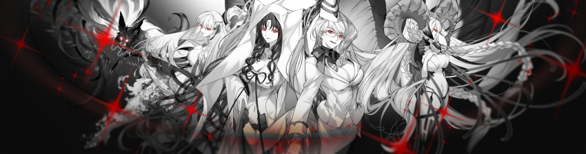 4girls arlizi bow bowtie breasts cleavage clothing_cutout dark_background dress earrings facial_mark fate/grand_order fate_(series) forehead_mark fou_(fate) garrison_cap greyscale hair_ribbon hands_on_own_chest hat highres hip_vent horns jacket jewelry kama_(beast_iii/l)_(fate) kama_(fate) koyanskaya_(fate) koyanskaya_(foreigner)_(first_ascension)_(fate) large_breasts large_horns lineup long_hair long_sleeves looking_at_viewer monochrome multiple_girls navel navel_cutout parted_bangs parted_lips pubic_tattoo red_theme revealing_clothes ribbon sessyoin_kiara sessyoin_kiara_(beast_iii/r) smile sparkle spoilers spot_color tamamo_(fate) tattoo tiamat_(fate) veil