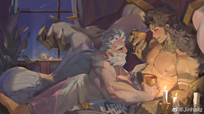 2boys abs absurdres bara barefoot beard biceps black_hair candle candlestand chinese_commentary commentary_request cup dislyte drink extra_arms facial_hair highres holding holding_cup holding_drink jewelry jinhallz li_ling_(nezha) looking_at_another male_focus multiple_boys multiple_rings muscular muscular_male night nipples old old_man pectorals pritzker_(mimir)_(dislyte) red_eyes ring round_eyewear smile topless_male weibo_logo weibo_username white_beard white_hair window