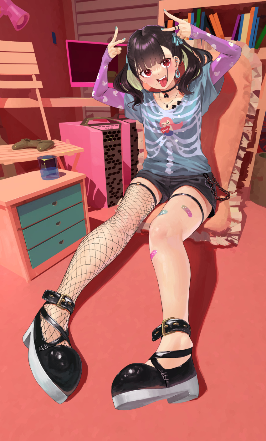1girl aqua_nails arms_up bandaid bandaid_on_leg barbell_piercing black_choker black_footwear black_hair black_shorts blonde_hair blue_shirt chain choker colored_inner_hair computer computer_tower controller double_v earrings fishnet_thighhighs fishnets furukawa_itsuse game_controller glass highres hoop_earrings indoors jewelry long_sleeves looking_at_viewer mary_janes mole mole_on_cheek monitor multicolored_hair multiple_earrings nail_polish necklace original piercing red_eyes ring shelf shirt shoes short_shorts short_sleeves shorts single_thighhigh sitting skeleton_print smile solo teeth thigh_strap thighhighs tongue tongue_out twintails undershirt v v_over_head