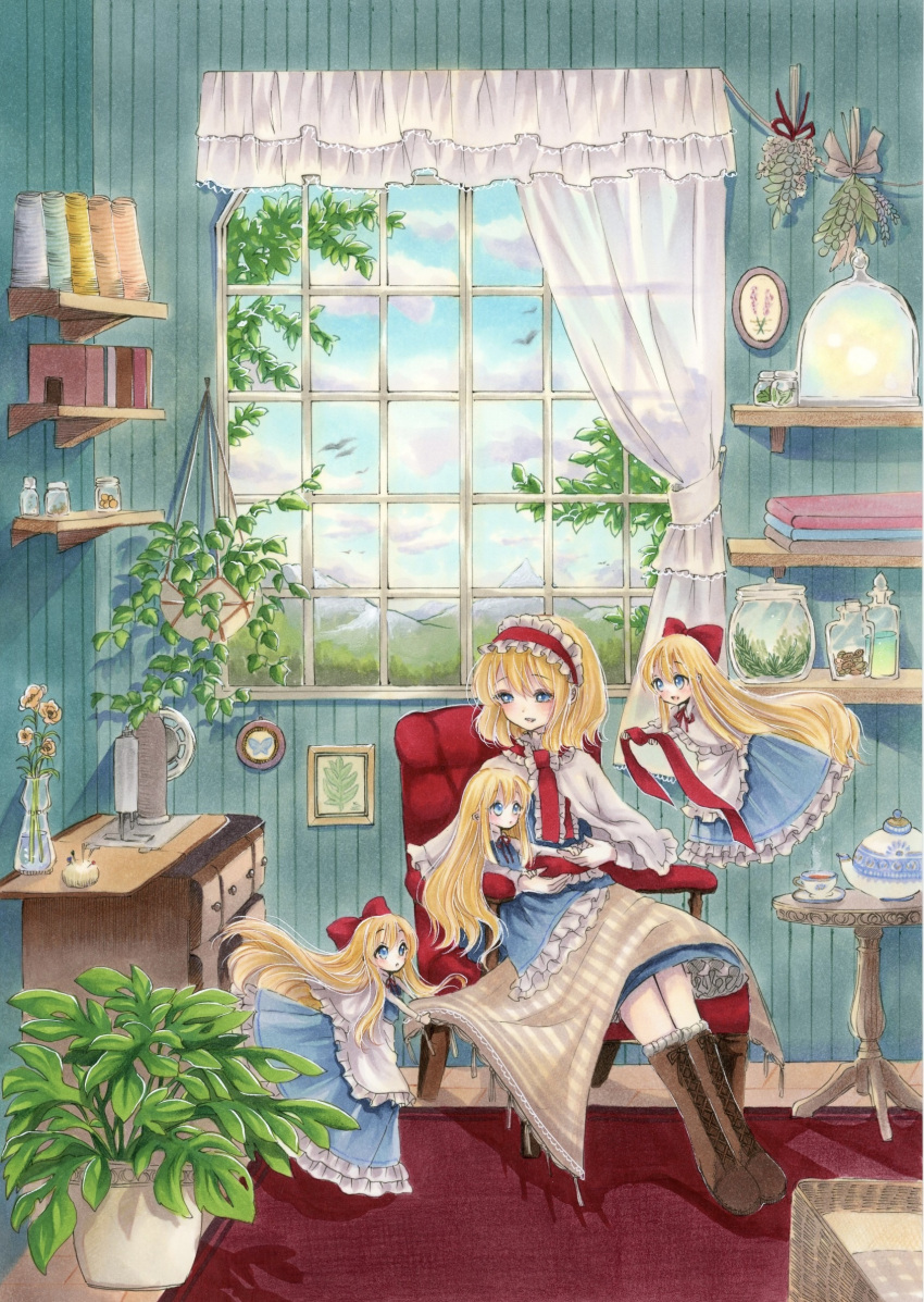1girl alice_margatroid blonde_hair blue_dress blue_eyes blush boots bow brown_footwear capelet cloud cloudy_sky commentary_request container cup curtains day doll dress floating flower frilled_hairband frills glass_container hair_bow hairband hanging_plant highres holding holding_ribbon indoors jar lolita_hairband long_hair marker_(medium) mountain neck_ribbon on_chair open_mouth picture_frame plant plate potted_plant red_bow red_hairband red_ribbon ribbon sewing_machine shanghai_doll short_hair sitting sky smile solo spool steam tea teacup teapot touhou traditional_media vase very_long_hair white_capelet window yuuki_hana_(jtnp5334)