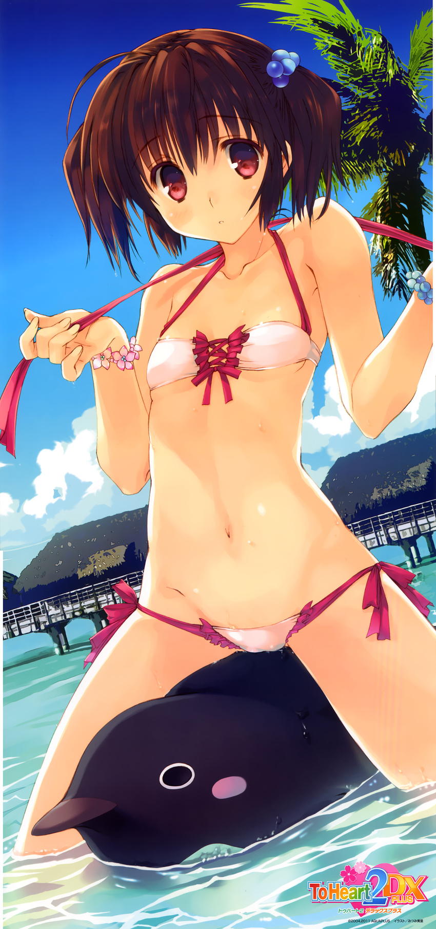 absurdres ahoge bare_shoulders bikini bracelet brown_hair collarbone day flat_chest from_below hair_bobbles hair_ornament halterneck highres inflatable_dolphin inflatable_toy jewelry long_image looking_down lowleg lowleg_bikini mitsumi_misato navel official_art outdoors palm_tree red_eyes short_twintails side-tie_bikini solo stick_poster straddling swimsuit tall_image to_heart_2 tree twintails wet yuzuhara_konomi