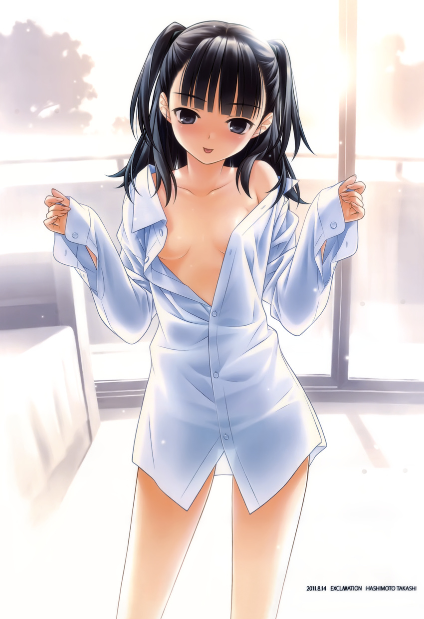 :p absurdres bangs black_eyes black_hair blunt_bangs blush bottomless breasts copyright_request dress_shirt hashimoto_takashi highres naked_shirt off_shoulder open_clothes open_shirt see-through shirt short_hair small_breasts solo tongue tongue_out two_side_up unbuttoned white_shirt