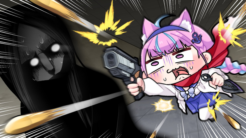 anchor_symbol blue_hair blue_hairband braid commentary_request constricted_pupils emphasis_lines firing gun hairband handgun highres holding holding_gun holding_weapon hololive komainu_channel kunai minato_aqua night_security open_mouth pantyhose pink_hair pleated_skirt purple_eyes red_scarf reverse_grip scarf skirt sweat twin_braids v-shaped_eyebrows virtual_youtuber weapon white_pantyhose
