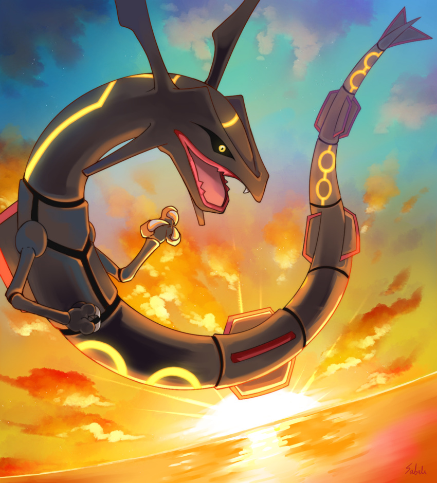 black_sclera claws cloud colored_sclera commentary_request dragon eastern_dragon fang highres looking_down no_humans open_mouth outdoors pokemon pokemon_(creature) rayquaza signature sky solo sun sunset taketori_subalu twilight yellow_eyes