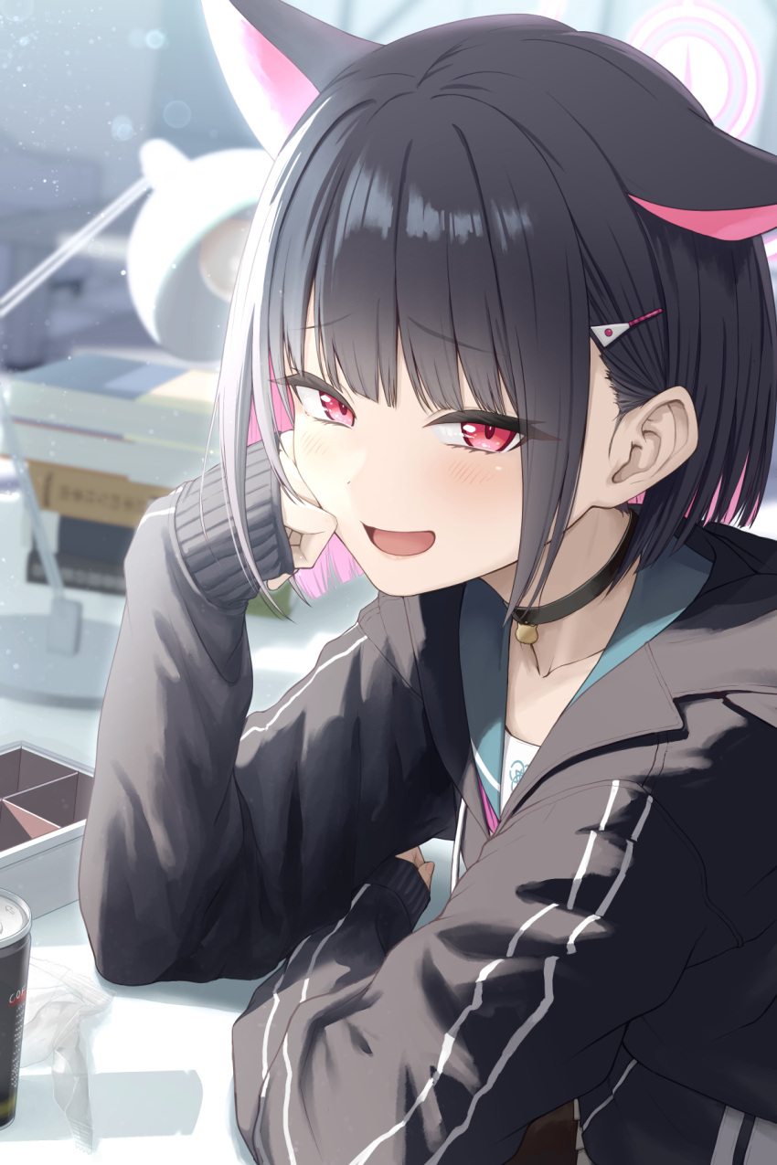 1girl animal_ears aoi_tiduru black_choker black_hair black_jacket blue_archive blush can cat_ears choker colored_inner_hair extra_ears green_sailor_collar hair_ornament hairclip halo highres hood hood_down hooded_jacket indoors jacket kazusa_(blue_archive) long_sleeves looking_at_viewer multicolored_hair open_mouth pink_hair pink_halo red_eyes sailor_collar short_hair smile solo upper_body