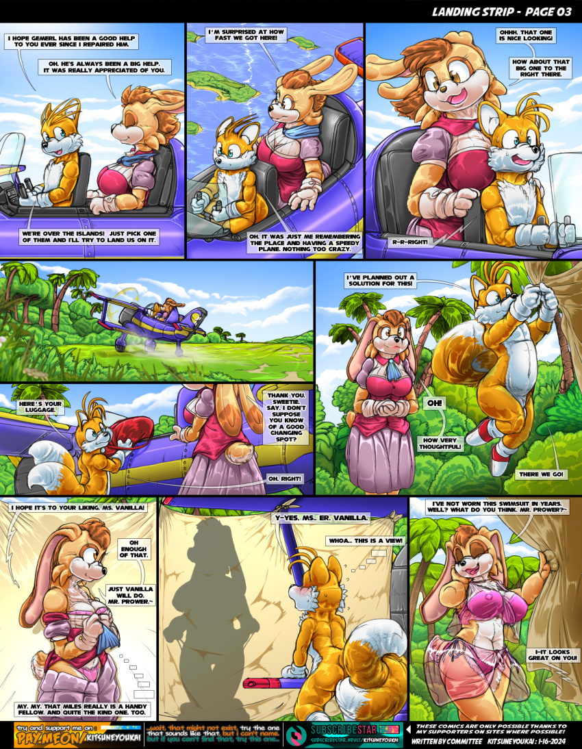 2024 anthro bikini blue_eyes breasts brown_eyes canid canine clothed clothing comic duo english_text female fox fur hi_res kitsune_youkai lagomorph leporid male mammal mature_anthro mature_female miles_prower multicolored_body multicolored_fur rabbit sega sonic_the_hedgehog_(series) speech_bubble swimwear tan_body tan_fur text thought_bubble undressing vanilla_the_rabbit white_body white_fur yellow_body yellow_fur