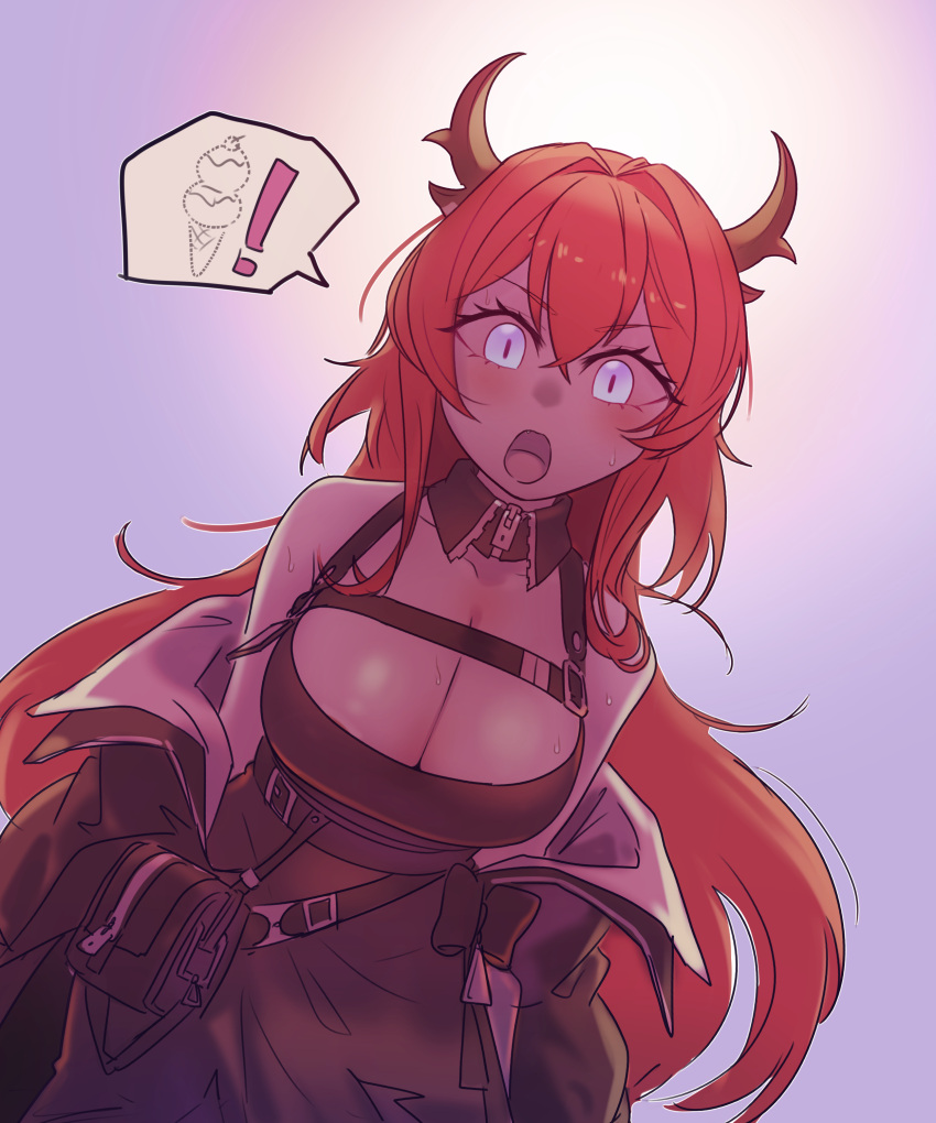 1girl ababaa absurdres arknights bare_shoulders black_dress black_jacket breasts chest_strap cleavage collarbone demon_horns dress hair_between_eyes highres horns ice_cream_cone jacket large_breasts long_hair looking_at_viewer open_clothes open_jacket open_mouth purple_eyes red_hair solo surtr_(arknights) upper_body