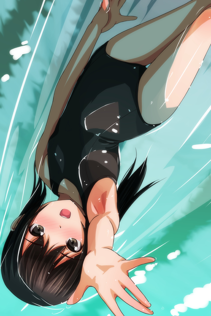 1girl absurdres black_eyes black_hair black_one-piece_swimsuit breasts cowboy_shot highres long_hair looking_at_viewer matsunaga_kouyou new_school_swimsuit one-piece_swimsuit original school_swimsuit small_breasts smile solo swimming swimsuit thigh_gap upside-down water