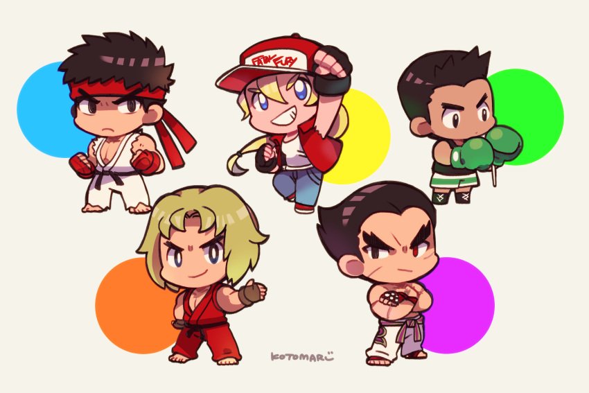 5boys baseball_cap black_hair blonde_hair blue_eyes boxer brown_hair clenched_hands closed_mouth commentary denim dougi fatal_fury fatal_fury_cap fingerless_gloves gloves grin hat headband highres jeans ken_masters kotorai little_mac long_hair looking_at_viewer male_focus mishima_kazuya multiple_boys muscular muscular_male pants pectoral_cleavage pectorals ponytail punch-out!! red_eyes ryu_(street_fighter) scar short_hair signature simple_background smile street_fighter street_fighter_ii_(series) super_smash_bros. symbol-only_commentary tekken terry_bogard the_king_of_fighters thick_eyebrows topless_male