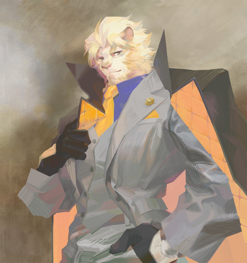 1boy animal_ears astosis_(live_a_hero) baichidna bara black_coat black_gloves blue_shirt coat furry furry_male gloves grey_pants grey_suit grey_vest highres lion_boy lion_ears lion_mane live_a_hero looking_at_viewer male_focus necktie orange_necktie pants shirt suit vest