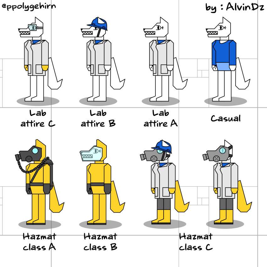 absurd_res alvidz anthro armor bottomwear canid canine canis clothing coat domestic_dog female gas_mask gloves handwear hazmat_suit headgear helmet hi_res lab_coat mammal mask shirt skirt solo tail_cover topwear wolf