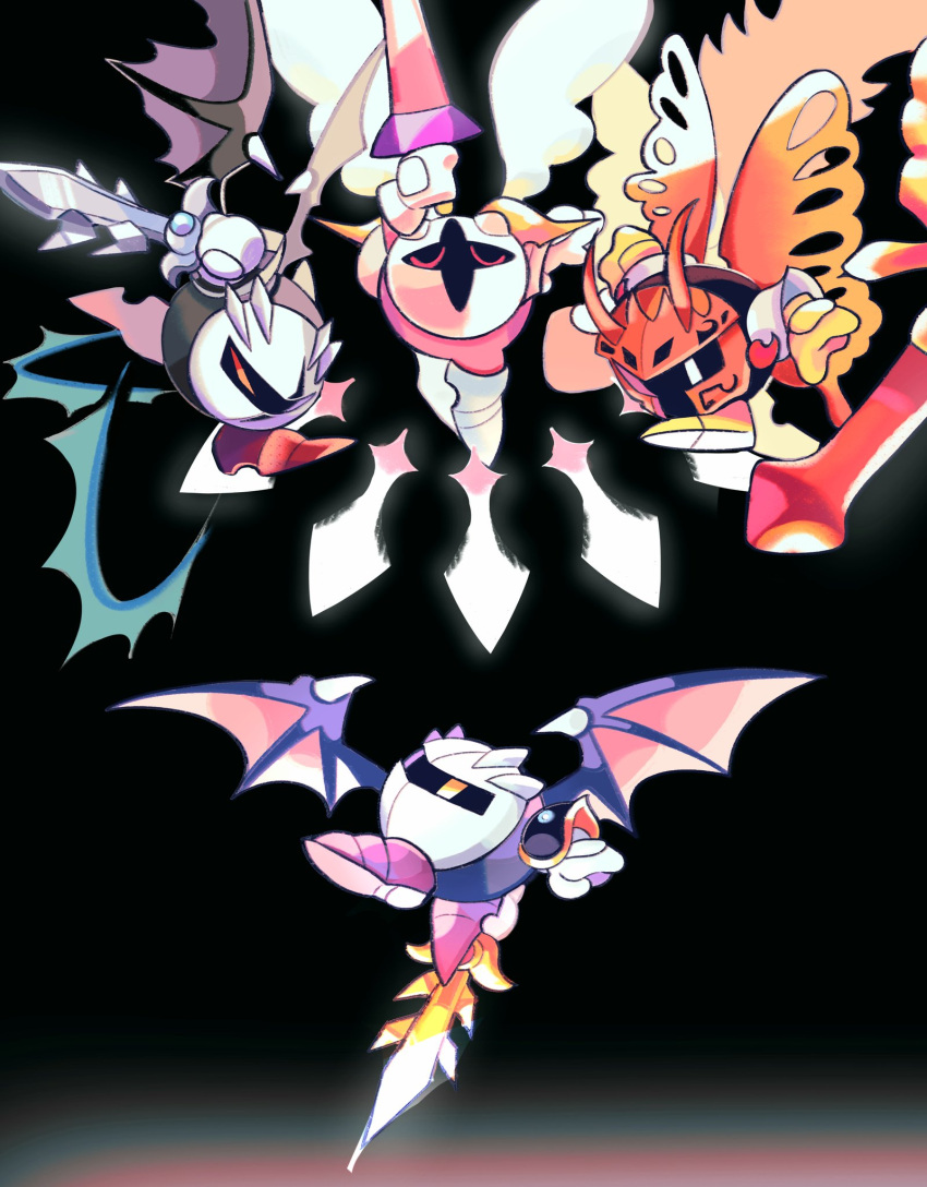 4boys black_background butterfly_wings commentary_request dark_meta_knight dragon_wings galacta_knight highres holding holding_sword holding_weapon insect_wings kirby_(series) kirby_and_the_amazing_mirror kirby_and_the_forgotten_land kirby_super_star korean_commentary melt74888829 meta_knight morpho_knight multiple_boys red_mask simple_background sword weapon white_eyes white_mask white_wings wings yellow_eyes