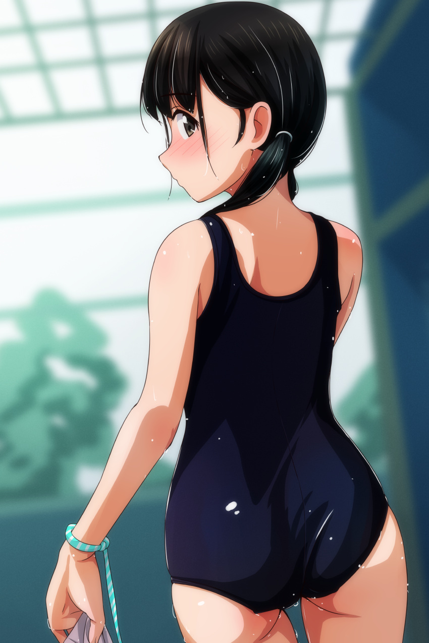 1girl absurdres ass black_hair blue_one-piece_swimsuit bracelet brown_eyes bush cowboy_shot dutch_angle from_behind hair_over_shoulder highres indoors jewelry long_hair looking_at_viewer looking_back matsunaga_kouyou one-piece_swimsuit original school_swimsuit solo standing swimsuit