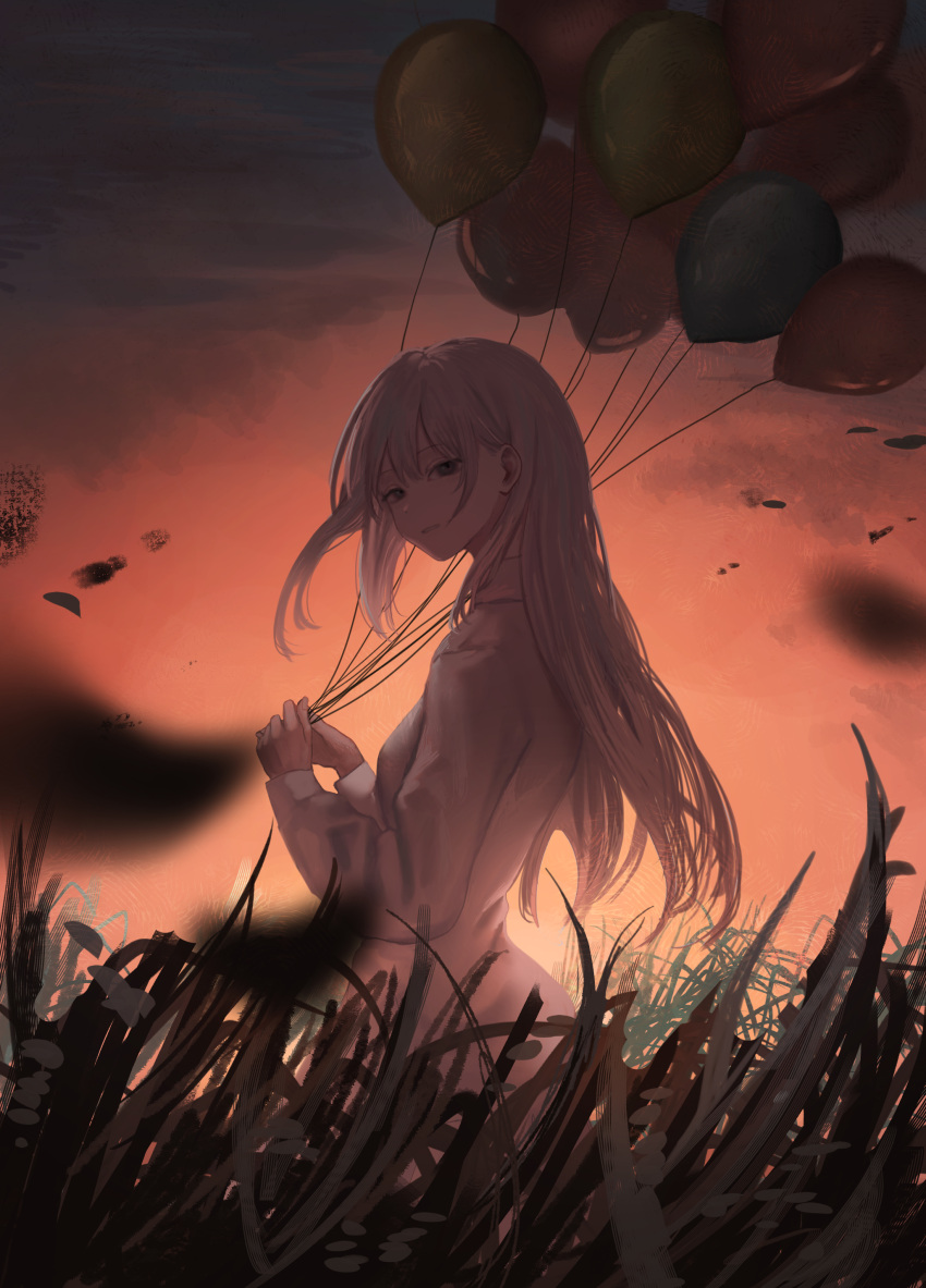 1girl absurdres balloon cloud cloudy_sky dot_nose floating_hair grass grey_eyes grimace hair_between_eyes highres holding holding_balloon kyano_(kyanora3141) long_hair long_sleeves looking_at_viewer on_grass original shirt sidelocks sitting sky solo sunset teeth upper_body white_hair white_shirt
