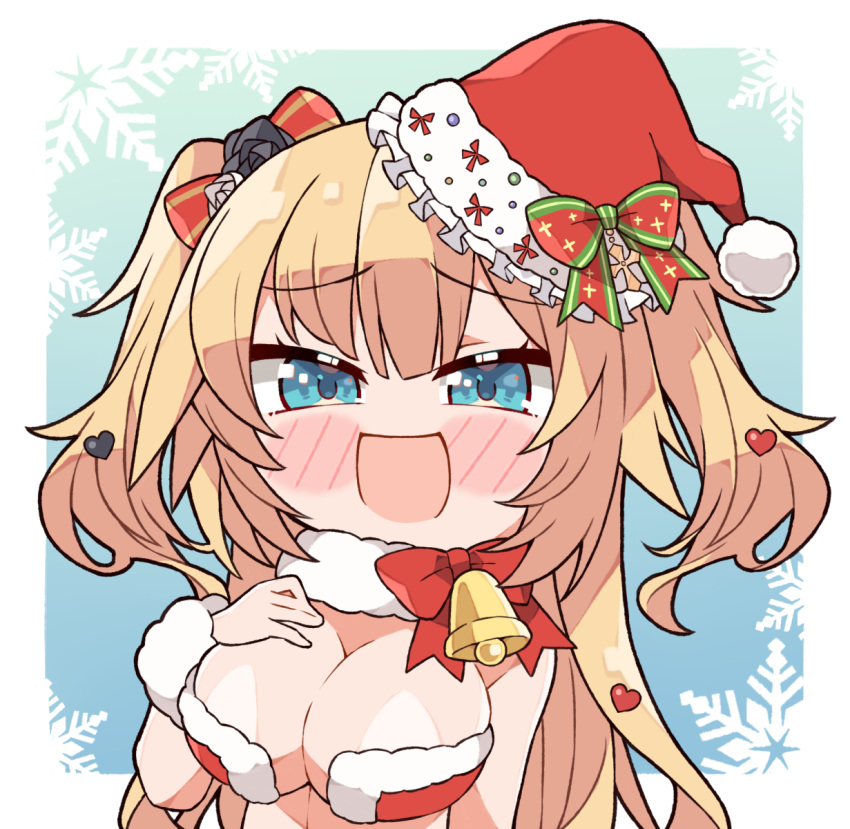 1girl akai_haato bell blonde_hair blue_eyes bow breasts clothing_request fur-trimmed_headwear fur_trim hair_bow hair_ornament hand_on_own_chest hat heart heart_hair_ornament highres hololive jingle_bell kukie-nyan large_breasts long_hair looking_at_viewer open_mouth red_bow santa_hat smile solo two_side_up virtual_youtuber