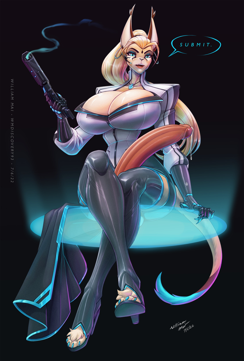 2022 anthro big_breasts biped black_background black_clothing black_legwear black_thigh_boots black_thigh_highs blonde_hair blue_eyes blue_eyeshadow blue_toenails bodily_fluids boots breasts caracal caracal_(genus) cherise_mercier cleavage clothed clothing crossed_legs cybernetic_arm cybernetic_limb dated dominant dominant_female dominant_gynomorph dominant_intersex ear_piercing ear_ring english_text erection eyeshadow felid feline female footwear genital_fluids genitals glans gun gynomorph hair handgun hi_res high_heeled_boots high_heels holding_gun holding_handgun holding_object holding_weapon huge_breasts humanoid_genitalia humanoid_penis intersex legwear long_penis makeup mammal open_mouth penis piercing ponytail precum pupils ranged_weapon ring_piercing signature simple_background sitting slit_pupils smoking_gun solo speech_bubble text thigh_boots thigh_highs weapon wmdiscovery93