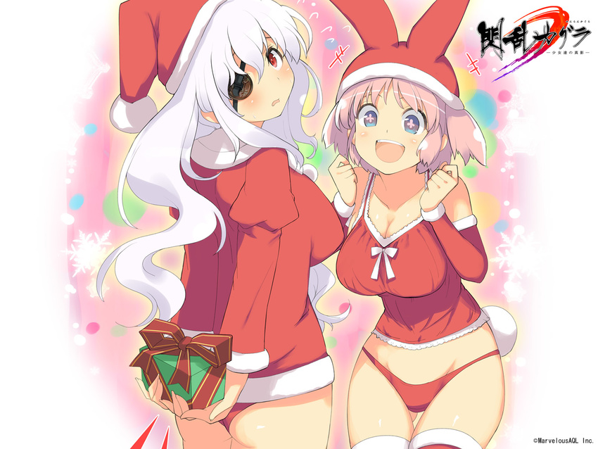 2girls :d :o animal_ears arms_behind_back ass bangs bare_shoulders blue_eyes blush bow breasts bunny_ears bunny_tail camisole christmas christmas_lights cleavage detached_sleeves embarrassed eyepatch fake_animal_ears fingernails from_behind fur_trim gift hair_between_eyes happy hat hibari_(senran_kagura) highres holding holding_gift huge_breasts knees_touching lace large_breasts long_fingernails long_hair looking_at_viewer looking_back marvelousaql midriff multicolored multicolored_eyes multiple_girls no_pants official_art open_mouth panties pink_eyes pink_hair red_eyes red_legwear red_panties santa_costume santa_hat senran_kagura senran_kagura_shoujo-tachi_no_shin'ei short_hair short_twintails sidelocks smile snowflakes standing symbol-shaped_pupils tail thigh_gap thighhighs twintails underwear wallpaper wavy_hair white_hair yaegashi_nan yagyuu_(senran_kagura)