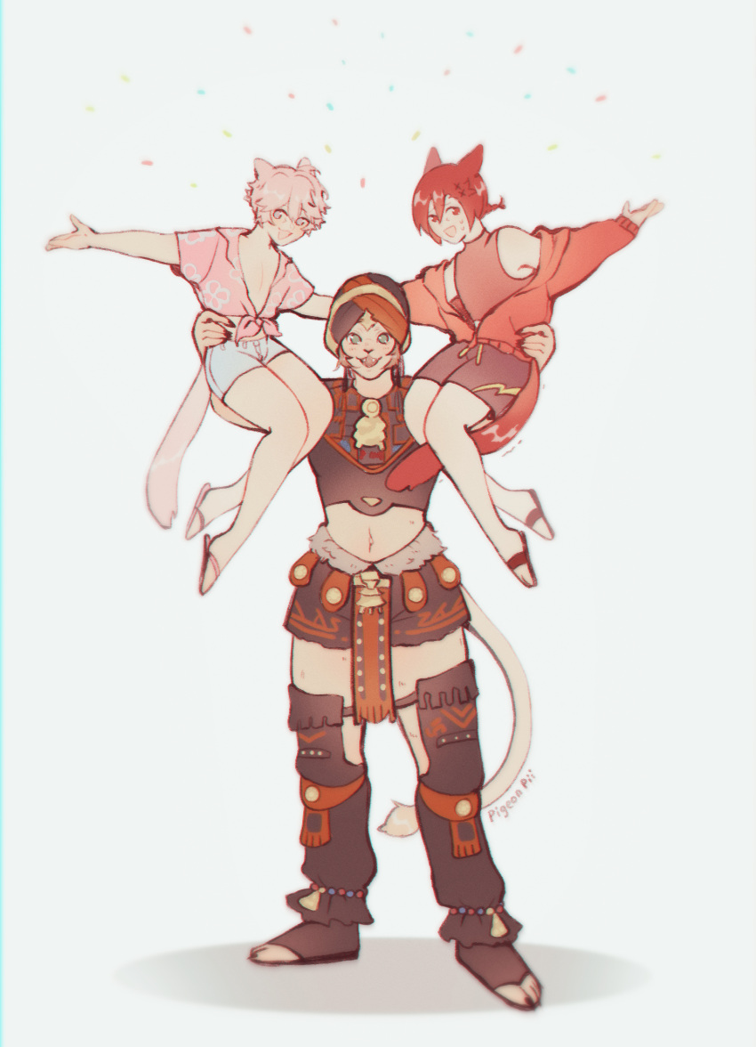 1girl 2boys androgynous cat_tail final_fantasy final_fantasy_xiv front-tie_top furry furry_female g'raha_tia highres hrothgar lifting_person lion_tail looking_at_viewer miqo'te multiple_boys navel outstretched_arm pigeonpii pink_hair red_hair sandals smile stomach tail warrior_of_light_(ff14) wuk_lamat