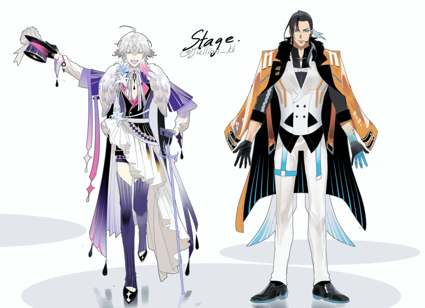 2boys ahoge alternate_costume androgynous aqua_eyes arm_up arms_at_sides artist_name black_fur black_hair blue_eyes blue_hair blue_skin cane coat coat_dress coat_on_shoulders coattails colored_skin design_speculation earrings english_text eyelashes facing_viewer flower frilled_sleeves frills full_body fur-trimmed_coat fur_trim gavis_bettel gloves grey_hair hair_between_eyes half_gloves hat heterochromia high_heels highres holding holding_clothes holding_hat holostars holostars_english jewelry josuiji_shinri jullian_kk looking_at_viewer male_focus medium_hair mouthpiece multicolored_hair multiple_boys open_mouth pink_eyes pink_hair ribbon shorts standing striped_clothes striped_thighhighs suit tassel tassel_earrings thighhighs top_hat twitter_username vertical-striped_clothes vertical-striped_thighhighs white_background white_flower white_ribbon white_suit