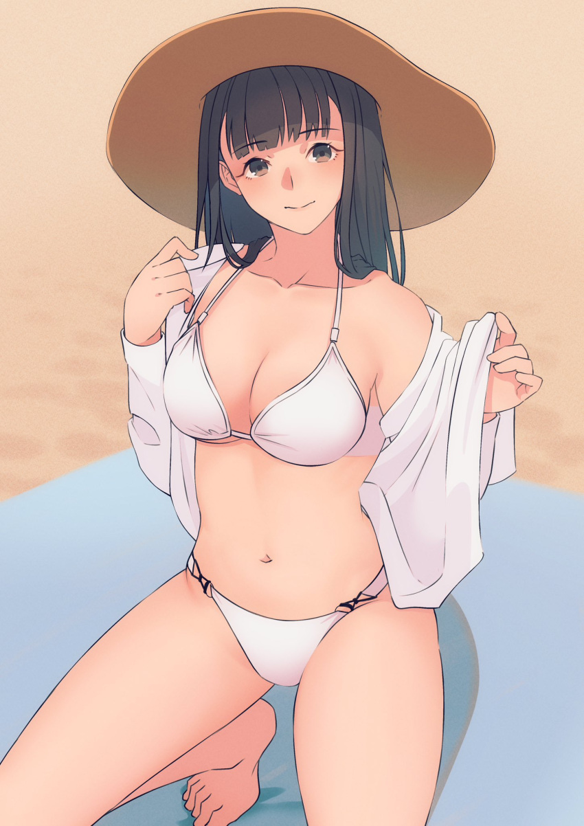 1girl amagami ayatsuji_tsukasa barefoot beach bikini black_eyes black_hair breasts cleavage closed_mouth collarbone collared_shirt hat highres long_hair looking_at_viewer medium_breasts navel o-ring o-ring_bikini on_one_knee open_clothes open_shirt ryo_taton sand shirt solo straight_hair sun_hat swimsuit thighs white_bikini white_shirt yellow_headwear