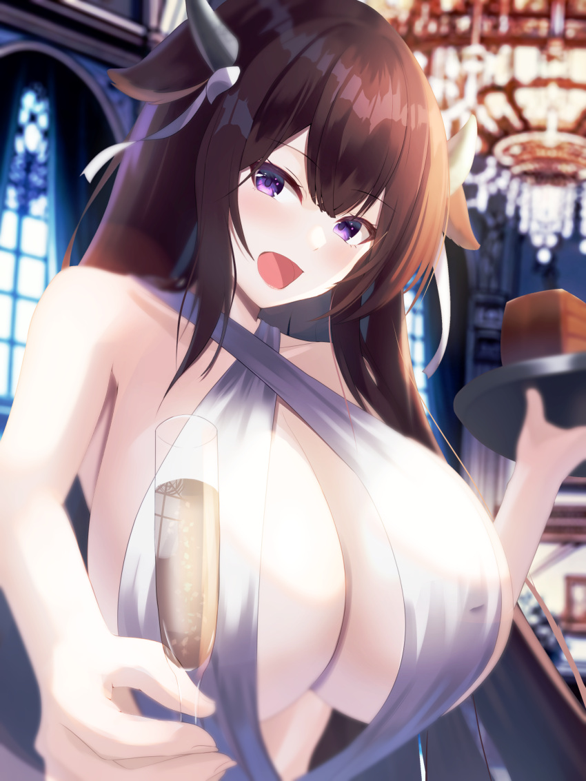 1girl alcohol azur_lane bare_shoulders blurry blurry_background breasts brown_hair cake cake_slice champagne champagne_flute chandelier cleavage collarbone commission cow_girl cow_horns criss-cross_halter cup dress drinking_glass food hair_ribbon halter_dress halterneck highres holding holding_tray horns huge_breasts kashino_(azur_lane) long_hair open_mouth pixiv_commission purple_eyes ribbon solo tako-san_wiener_(takosanuma) tray white_ribbon window