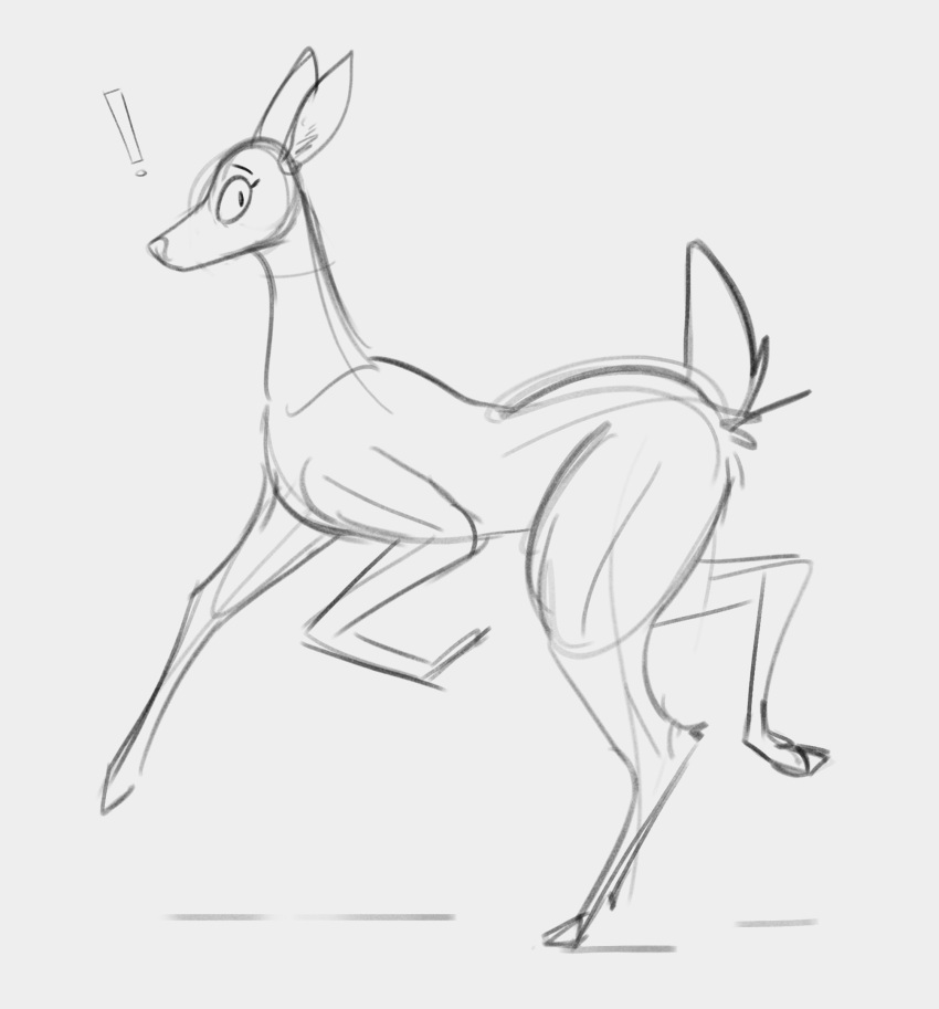 2023 deer digital_media_(artwork) exclamation_point eyebrows feral hi_res hooves looking_at_viewer mammal monotone_background quadruped schmutzo scut_tail short_tail simple_background sketch solo surprise tail