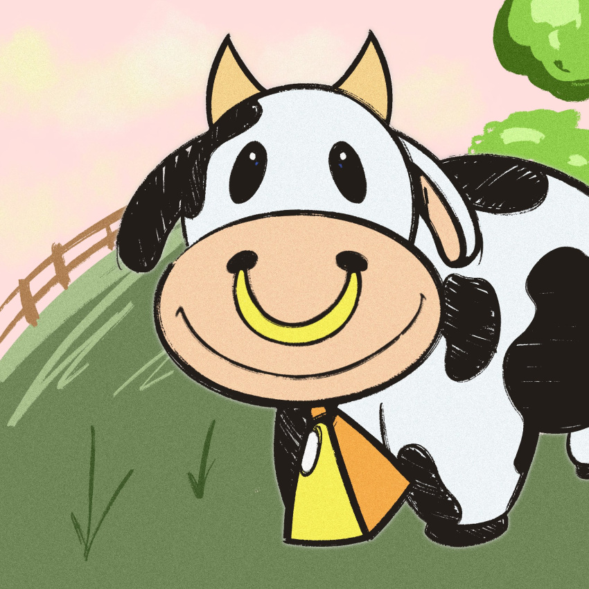 azul_yellow bell black_body black_eyes black_fur bovid bovine cattle facial_piercing fence fur hi_res looking_at_viewer mammal mario_bros mario_kart meadow moo_moo_meadows moo_moo_meadows_cow nintendo nose_piercing nose_ring piercing plant ring_piercing smile tree white_body white_fur