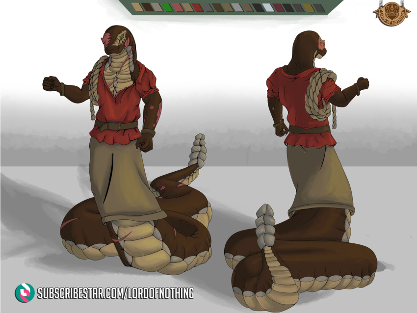 apode belt brown_body brown_scales clothing draconcopode legless lordofnothin1 model_sheet multicolored_body naga rattler red_clothing red_shirt red_topwear red_tunic reference_image reptile rope scales scalie scar serpentine shirt snake topwear tunic two_tone_body yellow_eyes