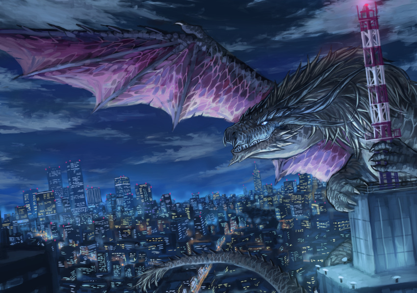 absurdres building claws cloud cloudy_sky commentary_request contemporary dragon dragon_horns dragon_tail dragon_wings highres horns light nasuno_posi night no_humans original scenery sky skyscraper tail western_dragon wings