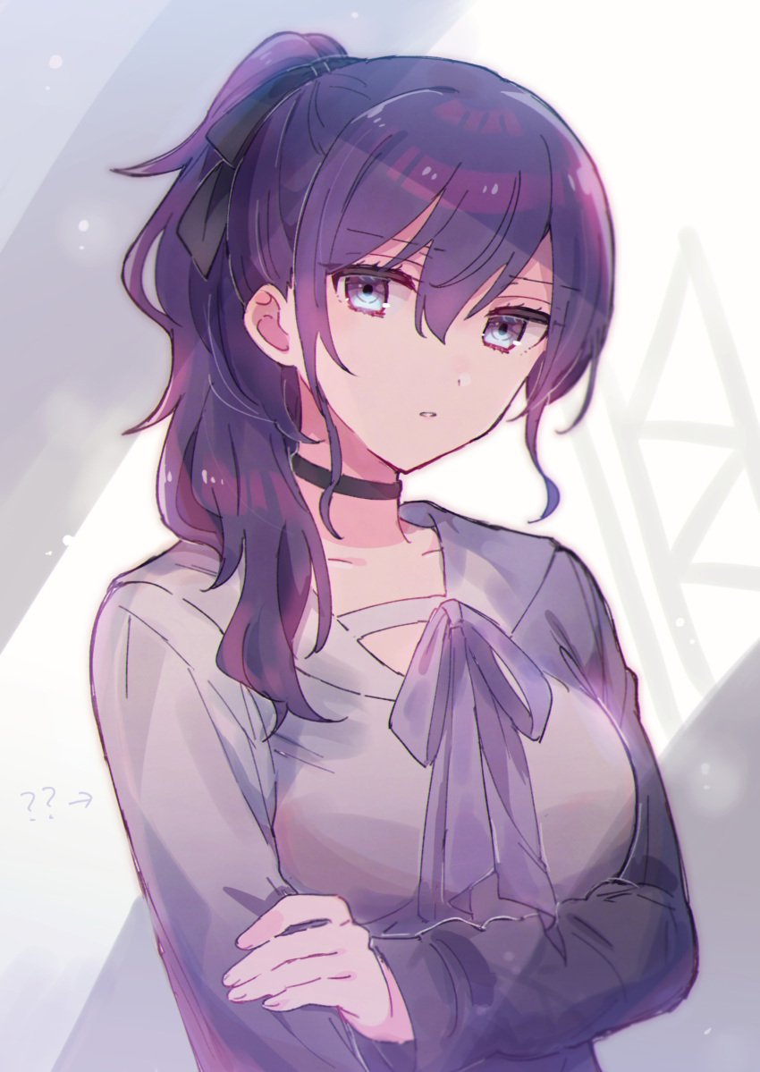 1girl ? ?? absurdres arrow_(symbol) asahina_mafuyu black_bow black_choker bow breasts choker collarbone grey_shirt hair_between_eyes hair_bow highres long_hair long_sleeves looking_at_viewer medium_breasts neck_ribbon parted_lips project_sekai purple_eyes purple_hair purple_ribbon ribbon shirt solo sorimachi-doufu upper_body