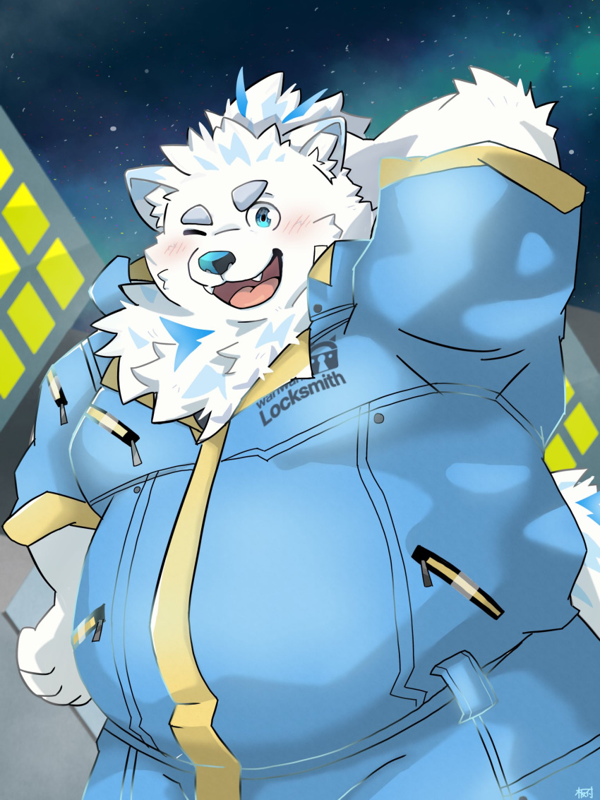 3:4 anthro belly blue_eyes blush canid canine canis city city_background clothing domestic_dog eyebrows fur hi_res itatuki_78 jumpsuit lifewonders live_a_hero male mammal nordic_sled_dog one_eye_closed overweight samoyed solo spitz superhero thick_eyebrows white_body white_fur wink yohack