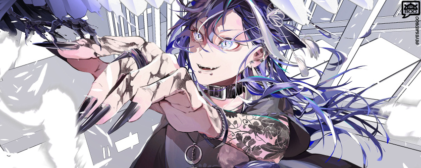 1boy absurdres arm_tattoo banzoin_hakka banzoin_hakka_(2nd_costume) bishounen black_collar black_nails blue_eyes blue_hair bracelet collar ear_piercing earrings eyesaidboo fangs feathers foreshortening hair_between_eyes highres holostars holostars_english jewelry long_hair looking_up male_focus multicolored_hair multiple_earrings multiple_piercings piercing purple_hair ring slit_pupils smile snake_bite solo streaked_hair tattoo tongue_piercing twitter_username upper_body virtual_youtuber white_feathers white_hair wind