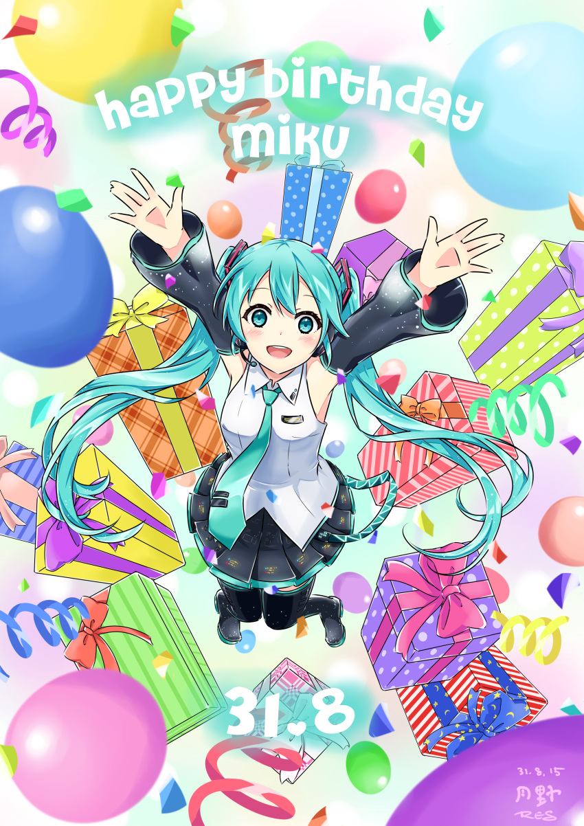 1girl absurdres aqua_eyes aqua_hair aqua_necktie arms_up balloon black_footwear black_skirt black_sleeves blush boots box character_name commentary confetti dated detached_sleeves english_text full_body gift gift_box happy_birthday hatsune_miku hatsune_miku_(vocaloid3) highres long_hair long_sleeves looking_at_viewer midair miniskirt necktie open_mouth outstretched_arms pleated_skirt shirt skirt sleeveless sleeveless_shirt smile solo thigh_boots tsukino_(nakajimaseiki) twintails very_long_hair vocaloid white_shirt