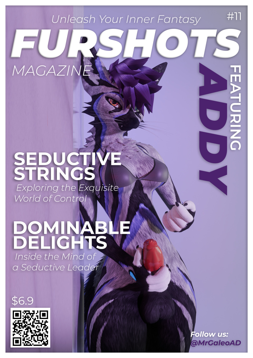 3d_(artwork) absurd_res addy_(zephyr_the_hyena) animal_genitalia anthro balls blender_(software) blender_cycles breasts canid canine clothing cover digital_media_(artwork) erection fox fur genitals grey_body grey_fur gynomorph hair hi_res intersex magazine magazine_cover mammal mrgaleo penis red_fox rexouium silver_fox simple_background solo tail