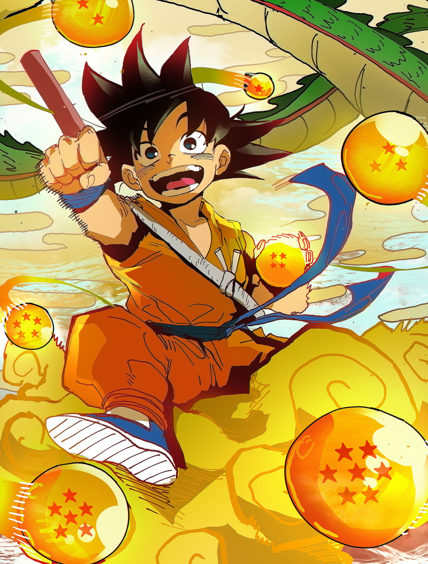 1boy absurdres black_eyes black_hair blue_footwear blue_sash blue_wristband boots child clenched_hand cloud dougi dragon_ball dragon_ball_(classic) dragon_ball_(object) floating_clothes flying flying_nimbus full_body highres holding holding_dragon_ball isaacchief300 looking_at_viewer monkey_boy open_mouth outdoors outstretched_arm riding ruyi_jingu_bang sash shenron_(dragon_ball) shoe_soles sky smile solo son_goku speed_lines spiked_hair spread_legs strap teeth tongue two-tone_eyes wristband yellow_sky