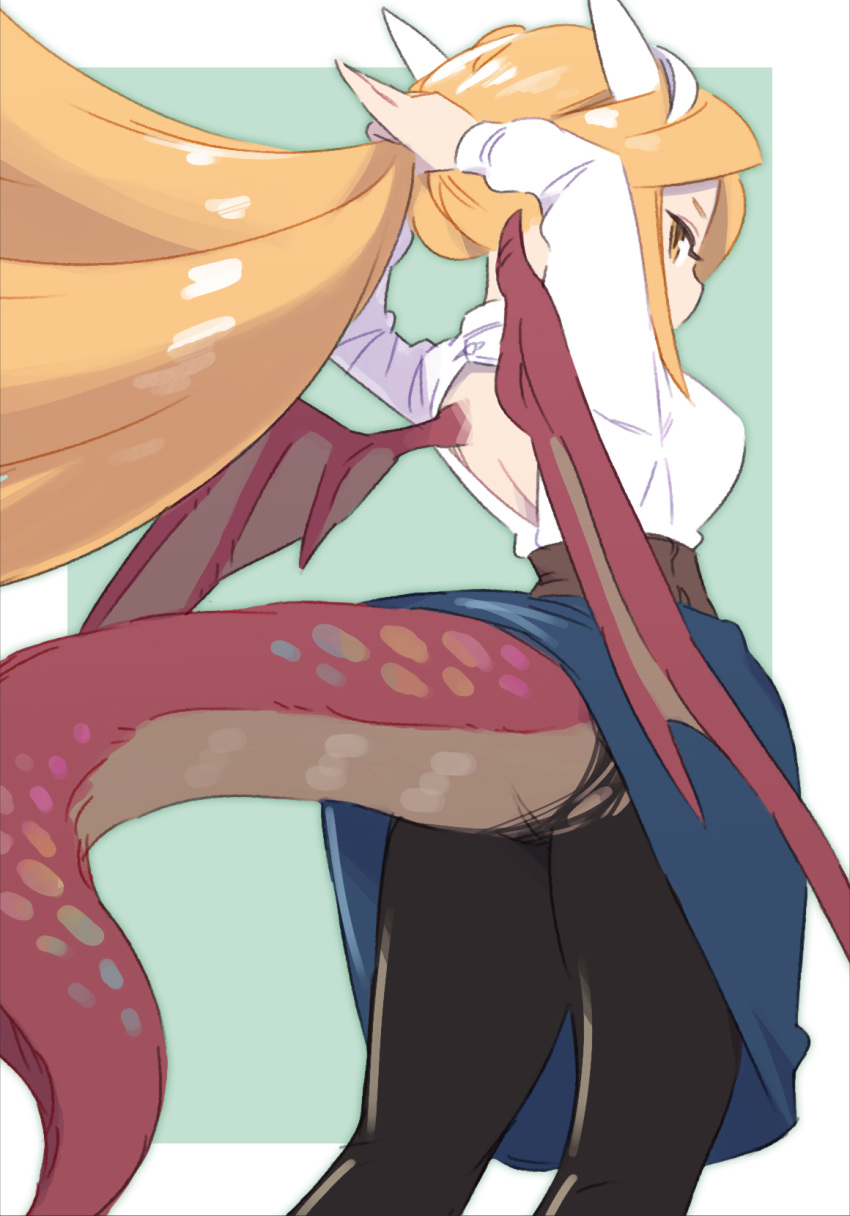 1girl arms_behind_back backless_shirt belt black_pantyhose blonde_hair blue_skirt breasts commentary_request dragon_girl dragon_tail dragon_wings dragonewt_(monmusu_gladiator) feet_out_of_frame floating_hair from_behind green_background highres horns inconvenient_tail large_breasts long_hair long_sleeves looking_at_viewer monmusu_gladiator outside_border pantyhose picogames_off profile red_wings shirt shirt_tucked_in sideways_glance skirt solo standing tail tail_through_clothes torn_clothes torn_pantyhose tying_hair very_long_hair white_horns white_shirt wings yellow_eyes