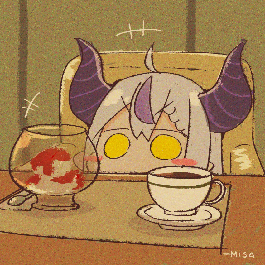 1girl ahoge artist_name blush_stickers chair coffee coffee_mug cup demon_girl demon_horns dessert food glass highres hololive horns la+_darknesss mug multicolored_hair purple_hair shaved_ice signature sitting spoon streaked_hair striped_horns table wakatsuki_misato yellow_eyes