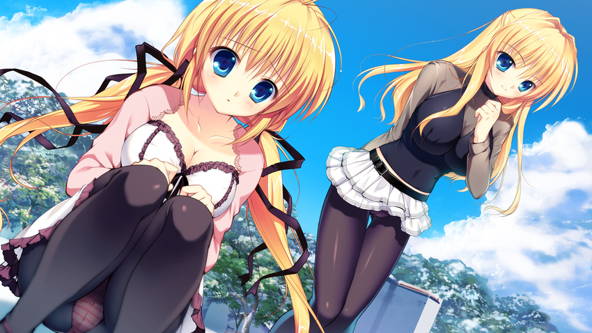 2girls blonde_hair blue_eyes cleavage kazamatsuri_koromo kazamatsuri_mana long_hair manatsu_no_yoru_no_yuki_monogatari mikeou panties pantyhose striped_panties underwear