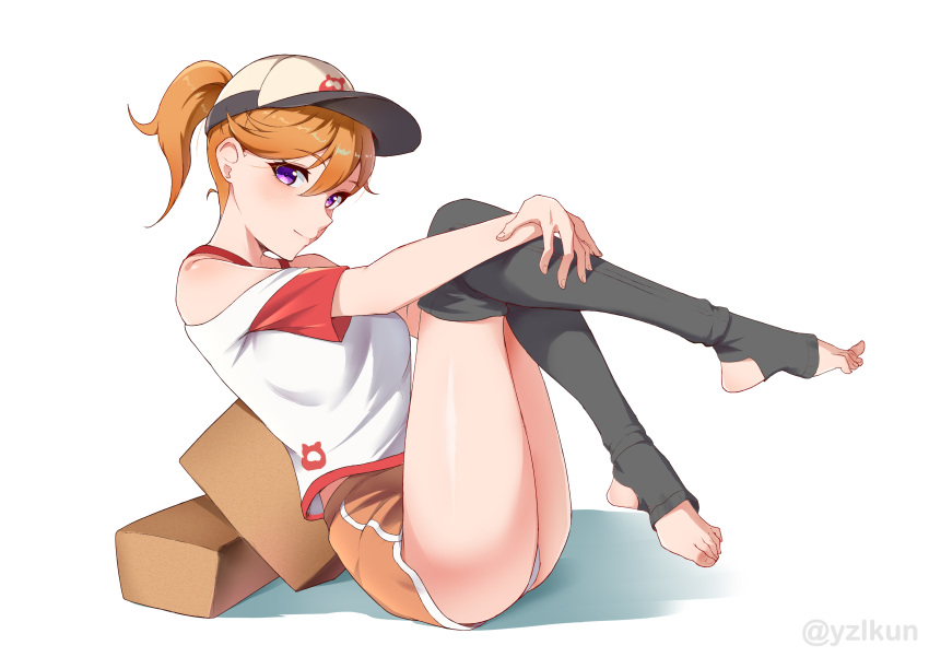 1girl absurdres alternate_hairstyle artist_name ass bare_shoulders baseball_cap black_socks blush breasts commentary_request dolphin_shorts feet full_body hair_between_eyes hair_through_headwear hands_on_own_legs hat highres holding_legs knees_to_chest knees_up leaning leaning_back leaning_on_object legs long_hair looking_at_viewer love_live! love_live!_superstar!! on_ground orange_hair ponytail purple_eyes shadow shibuya_kanon shirt short_shorts shorts simple_background sitting smile socks solo thighhighs thighs toeless_legwear toenails toes white_background white_shirt yzlkun