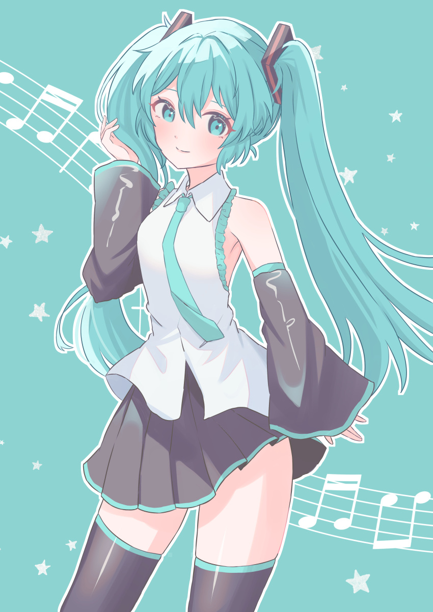 1girl absurdres aqua_background aqua_eyes aqua_hair aqua_necktie bare_shoulders beamed_eighth_notes beamed_sixteenth_notes black_sleeves collared_shirt contrapposto cowboy_shot detached_sleeves floating_clothes frilled_shirt frills hair_ornament hand_in_own_hair hatsune_miku highres long_hair looking_at_viewer mokoinu_(pixiv_27216243) musical_note musical_note_background necktie outline pleated_skirt shirt skindentation skirt sleeveless sleeveless_shirt smile solo star_(symbol) thighhighs twintails untucked_shirt very_long_hair vocaloid white_outline white_shirt wide_sleeves wind wind_lift