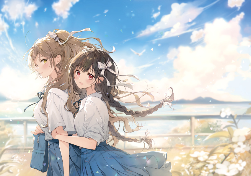 2girls bird blonde_hair blurry blurry_background blush bow braid breasts brown_hair clip_studio_paint_(medium) cloud couple day fence flower futaribeya hair_ornament highres kawawa_sakurako light_brown_hair light_particles locked_arms long_hair looking_at_viewer looking_to_the_side mountainous_horizon multiple_girls open_mouth outdoors parted_hair red_eyes ribbon school_uniform shirt side-by-side skirt sky smile swept_bangs wavy_hair white_flower yamabuki_kasumi yellow_eyes yukiko_(tesseract) yuri