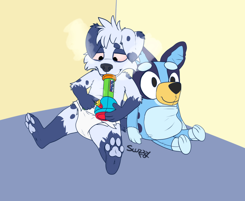 anthro bluey_(series) bluey_heeler bong canid canine canis clothed clothing diaper domestic_dog drug_paraphernalia drug_usage drugs hi_res male mammal marijuana plushie scuzzyfox sitting solo wearing_diaper what