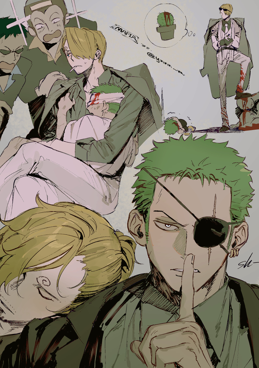 4boys absurdres aged_down alternate_costume alternate_hairstyle artist_request bandaged_head bandages blonde_hair blood blood_on_face character_request clothes_tug collage comparison curly_eyebrows eyepatch facial_hair finger_to_mouth goatee green_hair hair_over_one_eye highres male_focus marimo_zoro multiple_boys one_piece roronoa_zoro sanji_(one_piece) scar scar_across_eye serious short_hair shushing sparkling_aura