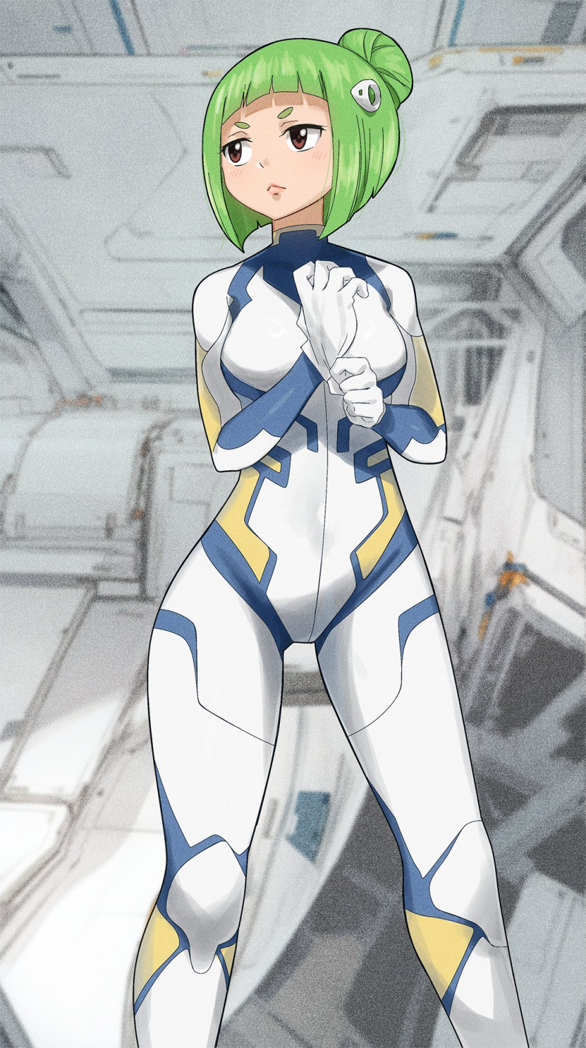 breasts colorized eden's_zero gaston18 green_hair highres kleene_(eden's_zero) non-web_source plugsuit red_eyes short_hair solo