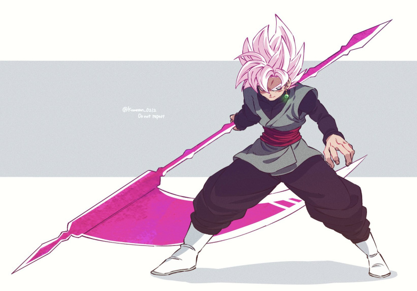 1boy black_pants black_shirt dragon_ball dragon_ball_super earrings energy_blade goku_black grey_eyes highres holding holding_scythe holding_weapon jewelry komesan_0212 pants pink_hair potara_earrings scythe shirt simple_background single_earring spiked_hair super_saiyan super_saiyan_rose weapon