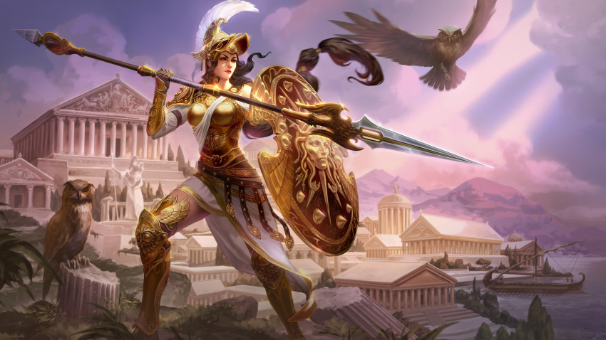 1girl absurdres architecture armor athena_(smite) bird blue_eyes boat brown_hair building day gaston_aguilera gold_armor greco-roman_architecture helmet highres holding holding_polearm holding_shield holding_weapon long_hair outdoors owl polearm shield smite solo spear watercraft weapon