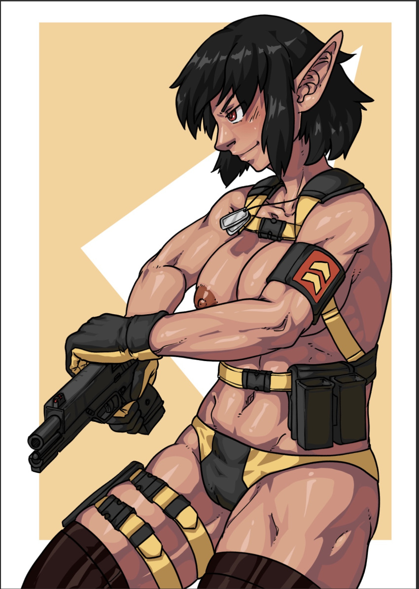 1girl abs black_gloves black_hair black_panties breasts brown_background brown_eyes brown_thighhighs cel_shading chest_harness closed_mouth commentary cowboy_shot dark-skinned_female dark_nipples dark_skin dog_tags english_commentary gloves gun handgun harness highres holding holding_gun holding_weapon large_breasts looking_afar muscular muscular_female nipples original panties pointy_ears pouch profile puchirisu reloading shiny_skin short_bangs short_hair smile solo thigh_strap thighhighs two-tone_background two-tone_panties underwear weapon white_background yellow_panties