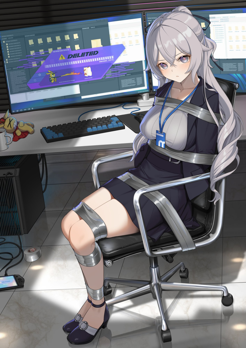 1girl arms_behind_back bdsm black_footwear black_jacket black_ribbon black_skirt bondage bound bound_legs breasts bronya_zaychik commentary_request commission computer duct_tape grey_eyes grey_hair grey_sweater hair_between_eyes hair_ribbon highres honkai_(series) honkai_impact_3rd jacket keyboard_(computer) long_hair looking_at_viewer meda medium_breasts miniskirt monitor mouse_(computer) ribbed_sweater ribbon shoes sitting skirt solo sweater swivel_chair tape thighs very_long_hair